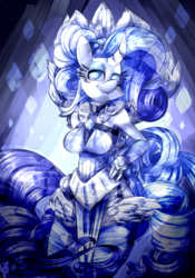 Size: 1400x2000 | Tagged: safe, artist:ogaraorcynder, rarity, crystal pony, anthro, g4, armpits, clothes, crystallized, curved horn, female, horn, looking at you, solo