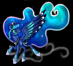 Size: 1100x1000 | Tagged: safe, artist:inspiredpixels, princess luna, alicorn, pony, g4, black background, female, rainbow power, rainbow power-ified, raised hoof, simple background, solo