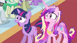 Size: 1280x720 | Tagged: safe, screencap, princess cadance, twilight sparkle, alicorn, pony, unicorn, a canterlot wedding, g4, concave belly, duo focus, female, folded wings, mare, messy mane, messy tail, open mouth, physique difference, shocked, sisters-in-law, slender, tail, thin, unicorn twilight, wings