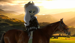 Size: 1002x574 | Tagged: safe, artist:mrdeloop, fluttershy, horse, equestria girls, g4, alternate universe, beard, clothes, day of the flutter, eqg promo pose set, equestria girls: the parody series, facial hair, forest, humans riding horses, humans riding ponies, mountain, poncho, riding, scenery, sun, sunrise