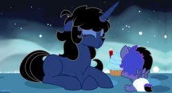 Size: 11000x6000 | Tagged: safe, artist:evilfrenzy, oc, oc only, oc:cruithne, oc:femzy, alicorn, pony, unicorn, absurd resolution, alicorn oc, baby, baby pony, blank flank, blowing, candle, cupcake, diaper, eyes closed, female, filly, foal, food, mare, offspring, parent:oc:frenzy, parent:princess luna, parents:canon x oc