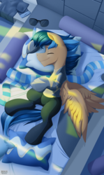 Size: 1183x1980 | Tagged: safe, artist:bcpony, oc, oc only, oc:lightning rider, pegasus, pony, bed, bedroom, bodysuit, clothes, pillow, scarf, sleeping, smiling, solo, suit, sunglasses