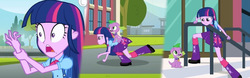 Size: 800x249 | Tagged: safe, spike, twilight sparkle, dog, equestria girls, g4, backpack, boots, clothes, cute, dogs riding humans, high heel boots, humans doing horse things, leg warmers, riding, shoes, skirt, spike riding twilight, spike the dog