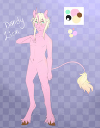 Size: 1280x1630 | Tagged: safe, artist:mint-and-love, oc, oc only, oc:dandy lion, unicorn, anthro, unguligrade anthro, abstract background, featureless crotch, femboy, male, soft boi, solo, unshorn fetlocks