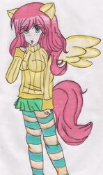 Size: 570x960 | Tagged: safe, artist:bumblebee358, fluttershy, human, g4, clothes, eared humanization, female, humanized, short shirt, socks, soft color, solo, striped socks, sweater, sweatershy, tailed humanization, traditional art, winged humanization, wings