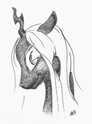 Size: 2222x2987 | Tagged: safe, artist:sigridmarialer, queen chrysalis, changeling, changeling queen, g4, female, high res, monochrome, pointillism, simple background, solo, traditional art