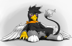 Size: 2952x1889 | Tagged: safe, artist:alexispaint, oc, oc only, oc:angelio pennelo, griffon, bandana, blushing, clothes, gradient background, male, one eye closed, scarf, solo