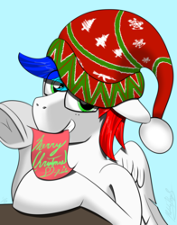 Size: 3300x4200 | Tagged: safe, artist:raptorpwn3, oc, oc only, oc:pedals, pegasus, pony, beanie, christmas, female, greetings, hat, high res, solo, trans female, transgender