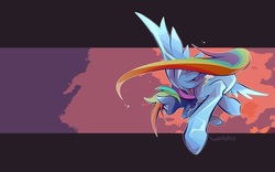 Size: 2240x1400 | Tagged: safe, artist:tyuubatu, edit, rainbow dash, pony, g4, female, flying, rear view, serious, serious face, signature, solo, spread wings, underhoof, wallpaper, wallpaper edit