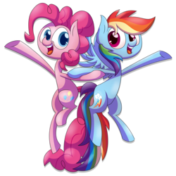 Size: 2743x2743 | Tagged: safe, artist:supercoco142, pinkie pie, rainbow dash, pony, g4, duo, high res, holding hooves, midair, open mouth, simple background, smiling, transparent background