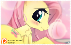 Size: 790x503 | Tagged: safe, artist:lilapudelpony, fluttershy, pegasus, pony, g4, blushing, cute, depth of field, female, looking back, patreon, patreon logo, profile, shyabetes, smiling, solo