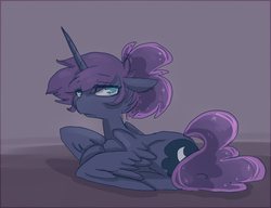 Size: 775x595 | Tagged: safe, artist:braindead, princess luna, alicorn, pony, luna-afterdark, g4, alternate design, empty eyes, female, no pupils, prone, solo