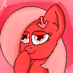 Size: 1500x1500 | Tagged: safe, artist:catkeweii, oc, oc only, oc:downvote, pony, derpibooru, bust, cute, derpibooru ponified, hairclip, lidded eyes, looking at you, meta, pink background, pixel art, ponified, portrait, raised hoof, simple background, smiling, solo