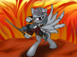 Size: 2700x2000 | Tagged: safe, artist:geraritydevillefort, rainbow dash, pony, the count of monte rainbow, g4, bipedal, clothes, dual wield, edmond dantes, female, fire, hell to your doorstep, high res, hoof hold, rainbow dantes, solo, sword, the count of monte cristo, weapon