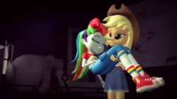 Size: 1920x1080 | Tagged: safe, artist:razethebeast, applejack, rainbow dash, equestria girls, g4, my little pony equestria girls: legend of everfree, 3d, carrying, clothes, converse, cowboy hat, denim skirt, female, hat, lesbian, pants, ship:appledash, shipping, shoes, skirt, sleeping, sneakers, socks, source filmmaker, stetson