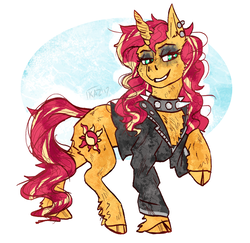 Size: 900x874 | Tagged: safe, artist:sun-shimmer, sunset shimmer, classical unicorn, pony, unicorn, g4, abstract background, choker, clothes, cloven hooves, ear piercing, eyeshadow, female, horn, jacket, leather jacket, leonine tail, makeup, piercing, punk, punkset shimmer, raised hoof, simple background, solo, spiked choker, unshorn fetlocks, white background