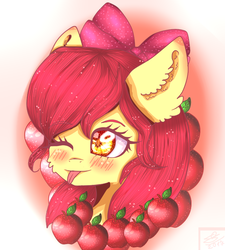 Size: 660x733 | Tagged: safe, artist:whitedeorange12, apple bloom, earth pony, pony, g4, abstract background, bust, female, one eye closed, portrait, solo, tongue out, wink