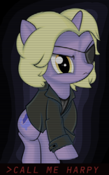 Size: 1476x2362 | Tagged: safe, artist:zaid val'roa, derpibooru exclusive, dinky hooves, pony, unicorn, fanfic:arête - princess alicorn of hackers, g4, alternate hairstyle, clothes, crossover, escape from new york, eyepatch, fanfic, fanfic art, female, jacket, scan lines, snake plissken, solo
