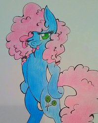 Size: 1024x1284 | Tagged: safe, artist:pepperscratch, oc, oc only, earth pony, pony, bipedal, female, mare, one eye closed, solo, tongue out, traditional art, wink