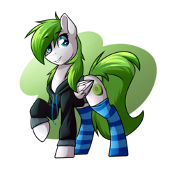 Size: 3000x3000 | Tagged: safe, artist:rubywave32, oc, oc only, oc:kiwi blaze, earth pony, pegasus, pony, clothes, commission, cute, female, high res, hoodie, looking at you, mare, ocbetes, raised hoof, socks, solo, striped socks, sweater