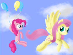 Size: 4000x3000 | Tagged: safe, artist:songbirdserenade, fluttershy, pinkie pie, pony, g4, balloon, duo, floating, flying, looking at each other, sky, spread wings, then watch her balloons lift her up to the sky