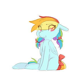 Size: 730x724 | Tagged: safe, artist:braindead, rainbow dash, pegasus, pony, g4, alternate hairstyle, bow, cute, dashabetes, eye clipping through hair, female, folded wings, hair bow, missing cutie mark, pigtails, scrunchy face, simple background, sitting, solo, tail bow, white background
