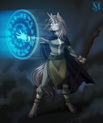 Size: 1085x1300 | Tagged: safe, artist:margony, oc, oc only, anthro, unguligrade anthro, clothes, magic, magic circle, male, solo, spell, staff