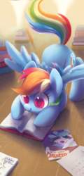 Size: 874x1819 | Tagged: safe, artist:dawnfire, daring do, rainbow dash, pegasus, pony, g4, book, colored pupils, cute, dashabetes, face down ass up, female, happy, mare, pounce, raised tail, reading, signature, smiling, solo, spread wings, tail, wooden floor