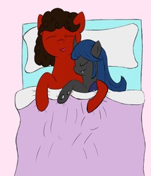 Size: 1097x1280 | Tagged: safe, artist:darthxanatos501, oc, oc only, oc:autumn, oc:sweet scribe, changeling, bed, bedsheets, changeling oc, cuddling, male, pillow, sleeping, snuggling, straight