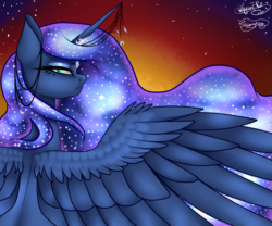 Size: 2400x2000 | Tagged: safe, artist:blazingandonyx, artist:minelvi, princess luna, alicorn, pony, g4, collaboration, colored pupils, female, high res, horn, horn jewelry, jewelry, looking at you, looking back, looking back at you, solo, spread wings, wing fluff