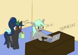 Size: 1280x914 | Tagged: safe, artist:darthxanatos501, oc, oc only, oc:morning melody, oc:sweet scribe, bat pony, changeling, pony, angry, bat pony oc, changeling oc, computer, desk, laptop computer, league of legends, magic, mug, straw, telekinesis, text