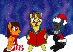 Size: 1280x914 | Tagged: safe, artist:darthxanatos501, oc, oc only, changeling, pegasus, pony, unicorn, changeling oc, clothes, costume, facial hair, hat, hearth's warming eve, jacket, laughing, reading, santa costume, santa hat, scarf, snow, snowfall, socks, winter