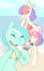 Size: 746x1198 | Tagged: safe, artist:braindead, bon bon, lyra heartstrings, sweetie drops, earth pony, pony, unicorn, semi-anthro, g4, beach, beach ball, bikini, clothes, cocktail umbrella, female, ocean, swimsuit