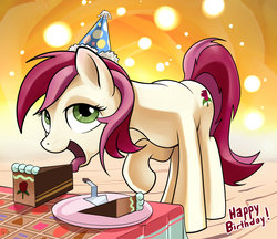 Size: 1000x865 | Tagged: safe, artist:gsphere, roseluck, pony, g4, birthday, cake, female, food, hat, open mouth, party hat, solo, tongue out