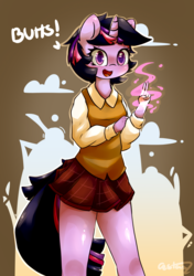 Size: 3148x4460 | Tagged: safe, artist:luxaestas, twilight sparkle, unicorn, anthro, g4, alternate hairstyle, butts, clothes, colored pupils, cute, dialogue, female, glowing, high res, legs, looking at you, magic, mare, open mouth, plaid, pleated skirt, shirt, short hair, skirt, smiling, solo, twiabetes, vest