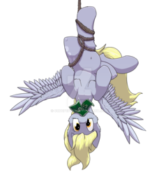 Size: 1024x1125 | Tagged: safe, artist:reptilianbirds, derpy hooves, pegasus, pony, g4, belly button, bill, female, looking at you, mare, mouth hold, rope, simple background, solo, spread wings, transparent background, trap (device), upside down, watermark