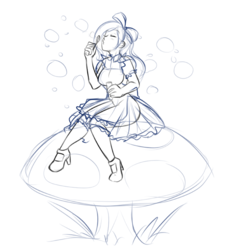 Size: 828x894 | Tagged: safe, artist:askbubblelee, oc, oc only, oc:bubble lee, human, alice in wonderland, bow, bubble, clothes, crossover, cute, disney, dress, eyes closed, hair bow, humanized, humanized oc, monochrome, mushroom, shoes, simple background, sitting, sketch, solo, white background, wip