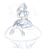 Size: 828x894 | Tagged: safe, artist:askbubblelee, oc, oc only, oc:bubble lee, human, alice in wonderland, bow, bubble, clothes, crossover, cute, disney, dress, eyes closed, hair bow, humanized, humanized oc, monochrome, mushroom, shoes, simple background, sitting, sketch, solo, white background, wip