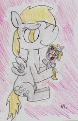 Size: 882x1372 | Tagged: safe, artist:ptitemouette, derpy hooves, dinky hooves, pegasus, pony, g4, baby, cute, equestria's best mother, female, mare, mother and daughter, traditional art