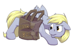 Size: 1024x743 | Tagged: safe, artist:reptilianbirds, derpy hooves, pegasus, pony, g4, female, floppy ears, looking back, mare, paper bag, simple background, solo, transparent background, watermark