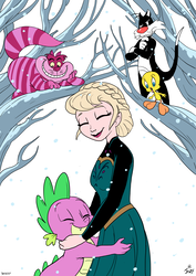 Size: 2480x3508 | Tagged: safe, artist:jowyb, spike, dragon, g4, alice in wonderland, cheshire cat, commission, context is for the weak, crossover, elsa, frozen (movie), high res, hug, looney tunes, snow, sylvester, tweety bird