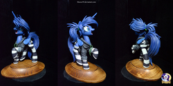 Size: 4000x2000 | Tagged: safe, artist:ncmares, artist:shuxer59, princess luna, pony, g4, clothes, commission, happy birthday, high res, hoodie, irl, open mouth, photo, raised hoof, sculpture, socks, solo, striped socks, traditional art