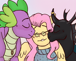 Size: 2000x1600 | Tagged: safe, artist:lxxjunebugxxl, fluttershy, spike, thorax, changeling, dragon, g4, cheek kiss, clothes, crack shipping, female, fluttershy gets all the dudes, fluttershy gets all the stallions, glasses, interspecies, kiss sandwich, kissing, male, polyamory, ship:flutterspike, shipping, straight, sweater, sweatershy, thoraxshy