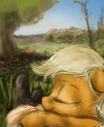 Size: 1800x2200 | Tagged: safe, artist:plotcore, applejack, oc, oc:anon, earth pony, human, pony, g4, bust, eyes closed, hatless, missing accessory, offscreen character, on top, pov, sleeping, tree