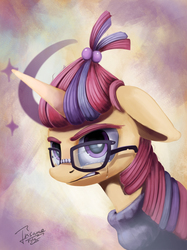 Size: 1141x1526 | Tagged: safe, artist:insanerobocat, moondancer, pony, unicorn, g4, abstract background, aside glance, bust, clothes, crying, cutie mark background, female, floppy ears, glasses, gritted teeth, looking at you, mare, moondancer's sweater, offended, portrait, solo, sweater, taped glasses, teary eyes, teeth, three quarter view