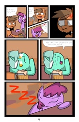 Size: 6742x10342 | Tagged: safe, artist:provolonepone, berry punch, berryshine, lyra heartstrings, oc, pony, comic:lyra's verse, g4, absurd resolution, bowtie, cider, comic, cross-popping veins, sleeping, xd, zzz