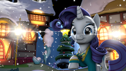 Size: 1280x720 | Tagged: safe, artist:sugarcube-cake, rarity, pony, g4, 3d, bulb, christmas, christmas tree, clothes, female, hearth's warming, lens flare, looking at you, raised hoof, snow, solo, source filmmaker, tree