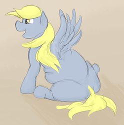 Size: 1415x1428 | Tagged: safe, artist:lupin quill, derpy hooves, pegasus, pony, g4, aderpose, chubby, fat, female, mare, missing cutie mark, simple background, sitting, solo
