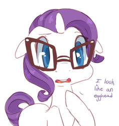 Size: 457x482 | Tagged: safe, artist:braindead, rarity, pony, unicorn, g4, dialogue, female, floppy ears, glasses, open mouth, simple background, solo, white background