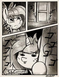 Size: 1432x1863 | Tagged: safe, artist:otakuap, oc, oc only, pony, unicorn, comic, cute, door, female, jojo's bizarre adventure, mare, menacing, monochrome, silly, silly face, silly pony, to be continued, tongue out, ゴ ゴ ゴ